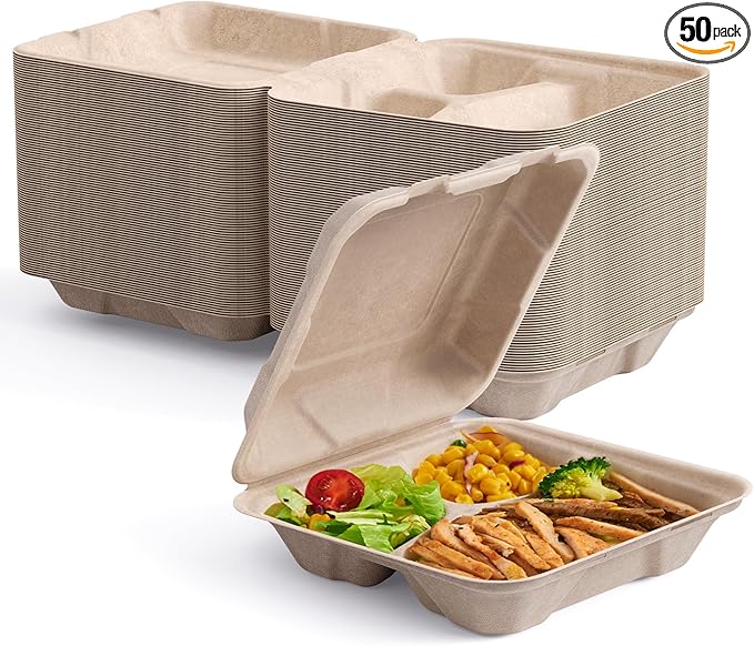 ECOLipak 50 Pack Clamshell To Go Containers, 100% Compostable Disposable Take Out Food Containers, 8X8 3-Compartment Heavy-Duty To Go Boxes,Eco-Friendly Biodegradable To Go Containers For Food