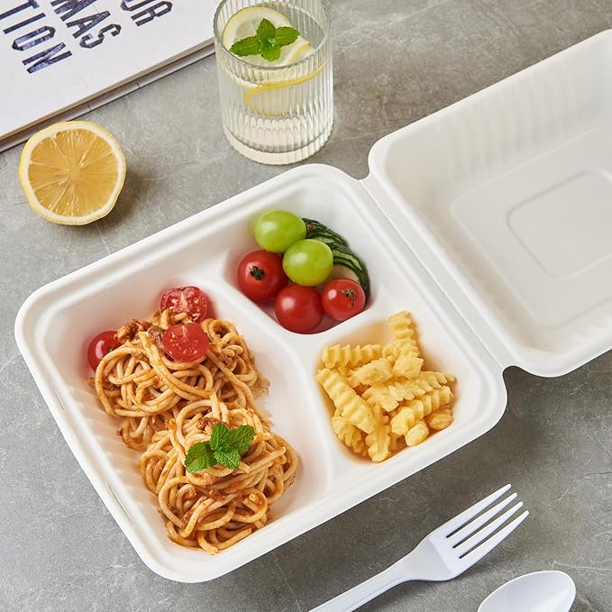 [8X8 3-Compartment 75-Pack Bio Natural Clamshell Take Out Food Containers with Lids, Disposable Bagasse Togo Boxes, Eco-Friendly Biodegradable Made of Sugar Cane Fibers