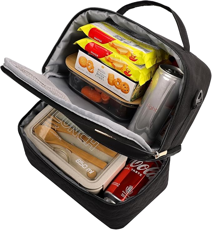 NISHEL Lunch Bag for Women, Insulated Two Separate Compartments Meal Box with Adjustable Shoulder Strap, Leakproof Cooler Case for Work, Black