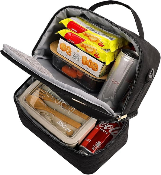 NISHEL Lunch Bag for Women, Insulated Two Separate Compartments Meal Box with Adjustable Shoulder Strap, Leakproof Cooler Case for Work, Black