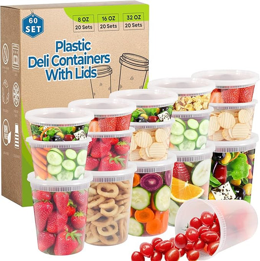 Blcculi 60 Set Deli Containers with Lids,Plastic Deli Food Storage Containers,Leakproof Soup Containers with Airtight Lids,Stackable,Dishwasher,Microwave Safe (8oz-20Set, 16oz-20 Set, 32oz-20 Set)