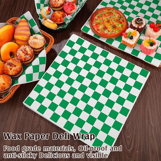 Honeydak 600 Pcs Sandwich Wrapping Paper Sheet 15x15 Checkered Food Wax Sheets Parchment Paper Basket Liner Grease Restaurant Wedding Party Supplies for Wrapping Bread Burgers(Green)