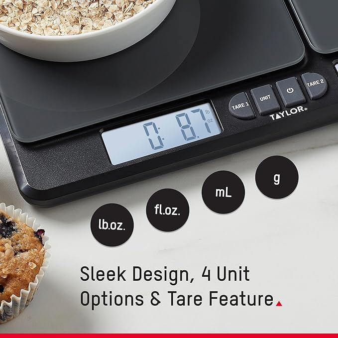 Taylor Dual Platform Food Kitchen Scale, Digital Grams and Ounces for Weight Loss, Baking, Cooking, Meal Prep, Spices, and Coffee, Backlit Display, Glass Platforms, 15lb, and 16oz Capacity, Black