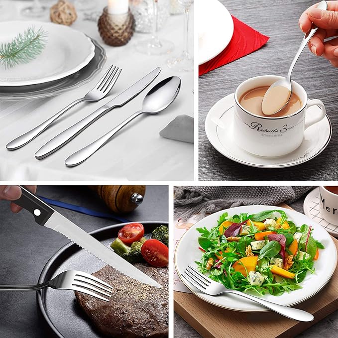 LIANYU 24-Piece Silverware Set with Steak Knives, Stainless Steel Flatware Cutlery Set for 4, Fork Spoon Knife Eating Utensils Tableware, Dishwasher Safe