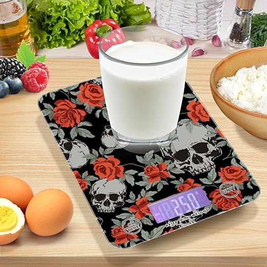 Food Scale Kitchen Digital Scale Food Ounces and Grams Dieting Baking Cooking Waterproof Glass Panels LCD Display,4 Units Scale Tare Function Red Rose Skull