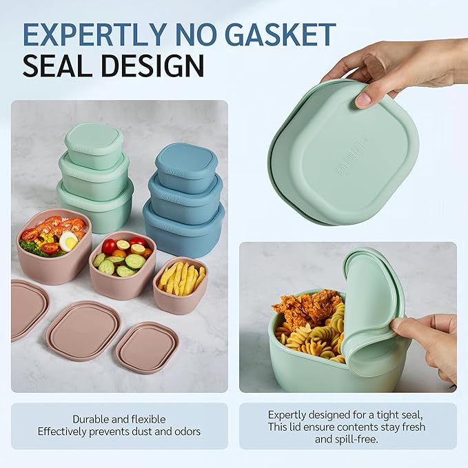 ISSEVE 6Pcs/Set Nesting Silicone Food Storage Containers with Lids, BPA Free Reusable Meal Prep Silicone Containers Lunch Box Bento Box Set (33.8oz, 20oz, 10oz, 6.7oz, 1.3oz) (Green)