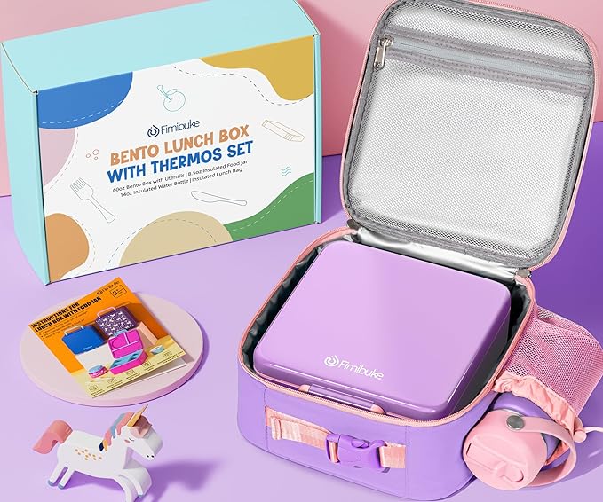 Fimibuke Bento Box for Kids Adult - Leakproof 3-4 Compartments Lunch Bento Box Set with Insulated Thermos Food Jar, Water Bottle, Lunch Bag, Sauce Cup & Cutlery for Toddler Teen Shcool Girl Boy Age 3+