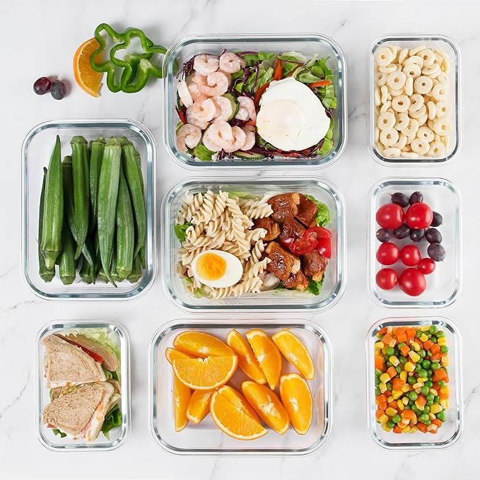 YANGNAY 10 Pack Glass Food Storage Containers, Glass Meal Prep Containers with Airtight Lids, Dishwasher/Freezer Safe Glass Containers, 2 size