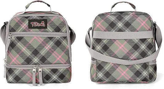 Tilami Lunch Bags Insulated Adjustable Strap Zipper, Water-Resistant Cooler Bags, Bento Bags for Kids Toddlers, Pink Plaid