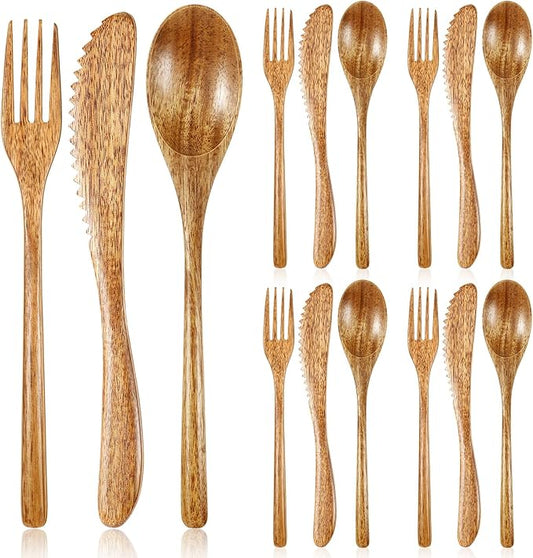 Geiserailie 12 Pcs Wooden Utensils for Eating Wooden Spoon Fork Knife Cutlery Set Kitchen Wood Dinner Flatware Tableware Set Includes Spoon, Fork, Knife (Acacia Wood)