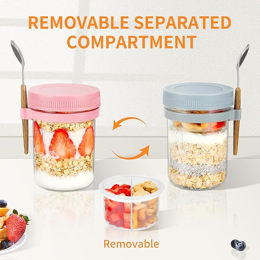 6 Pack Overnight Oats Containers with Lids and Spoons, 16 oz Mason Jars with Removable Separate Compartments, Airtight and Leak-Proof Glass Jars for Chia Pudding, Yogurt, and Oatmeal