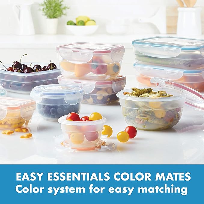 LOCK & LOCK Easy Essentials Color Mates Food Storage lids/Airtight containers, BPA Free, 18 Piece, Clear