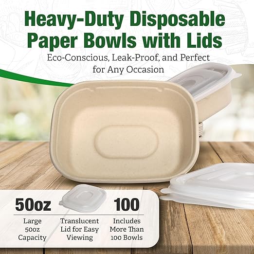 100 Pack 50 Oz Large Paper Bowls with Lids, Heavy Duty Compostable Paper Bowls for Party, Disposable Bowls Bulk Leakproof and Microwave Safe for Hot/Cold Use (50 Oz)