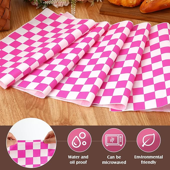 600 Pcs Sandwich Wrapping Paper Sheet 15x15 Checkered Food Wax Paper Sheets Parchment Paper Basket Liner Grease Restaurant Supplies for Wrapping Bread Burgers Food Serving (Pink)