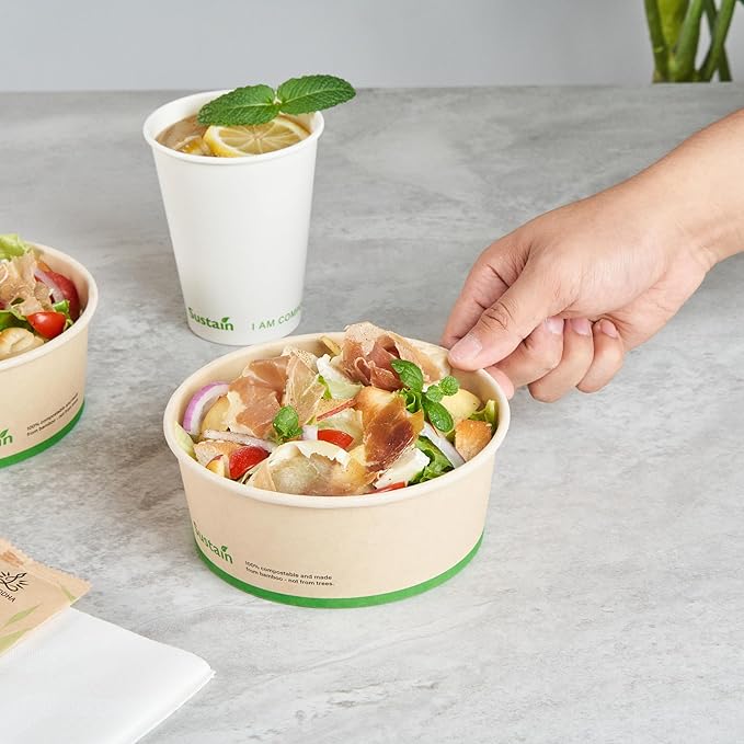 Restaurantware-Sustain 25 Ounce Sturdy Paper Take Out Boxes, 50 Round Take Out Food Containers - With PLA lining, Compostable, Bamboo Paper Containers, Disposable, Greaseproof