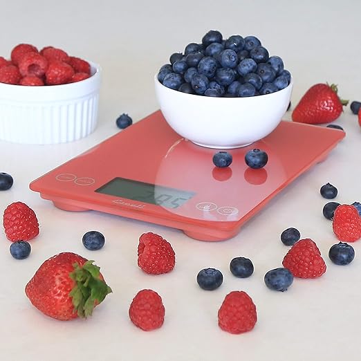 Escali Arti Glass Food Scale Digital Countertop Kitchen, Baking and Cooking Scale with Nutrition and Calorie Counter, 15-Pound Capacity, 9" x 6.5" x .75", Desert Rose