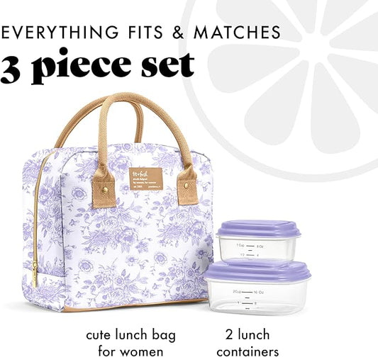 Fit & Fresh Lunch Bag For Women, Insulated Womens Lunch Bag For Work, Leak Resistant & Stain-Resistant Large Lunch Box For Women With Containers, Zipper Closure Bloomington Bag, Lavender Toile