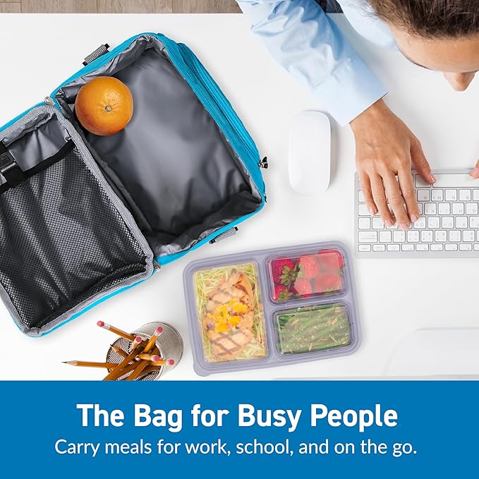 Bentgo Deluxe Lunch Bag - Durable and Insulated Lunch Tote with Zippered Outer Pocket, Internal Mesh Pocket, Padded and Adjustable Straps, & 2-Way Zippers - Fits All Lunch Boxes (Blue)