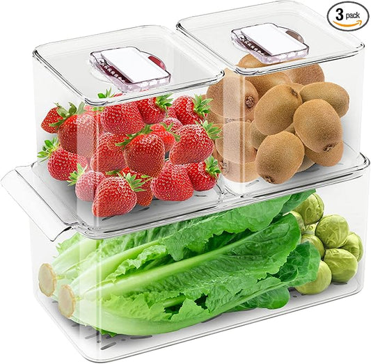 Produce Saver Containers for Refrigerator, Food Fruit Vegetables storage, 3 Pcs Stackable Freezer Fridge Organizer, Fresh Keeper Drawer Bin Basket with Vented Lids & Removable Drain Tray