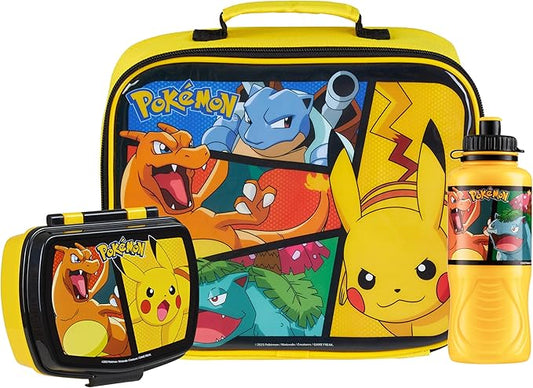 Pokemon Kids Insulated Lunch Bag, Lunch Box and Water Bottle, 3 Piece Set (Yellow)