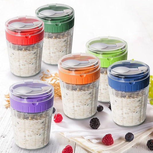 Overnight Oats Containers with Lid and Spoon - 16oz Glass Mason Jars for Meal Prep, Yogurt,Pudding- Set of 4