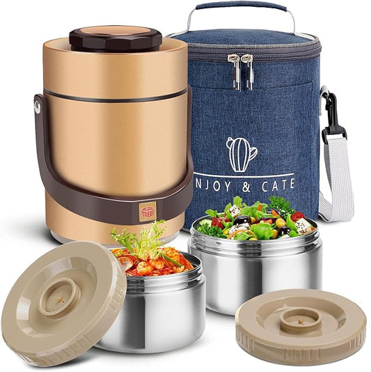51 oz Adults Stainless Steel Vacuum Insulated Wide Mouth Soup Food Thermos Hot Food Jar with Keep Thermal Portable 2 Tier Stackable Bento Hot Food Containers Lunch Boxes (51 oz Gold)