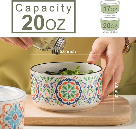 Ceramic Bowl with Lid: Microwave Safe Soup Containers Set of 4 for Meal Prep, Cereal, Salad, Picnic, Camping, Office Lunch, Kitchen Food Storage - 5 Inch, 20 oz, Design B