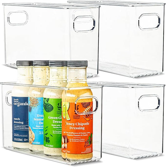 Plastic Food Storage 4 Pack Clear Container Bin with Handles for Organizing Kitchen, Pantry, Refrigerator, Freezer, Pantry, Cabinet, Closet, Bathroom. 10”x4”x6”