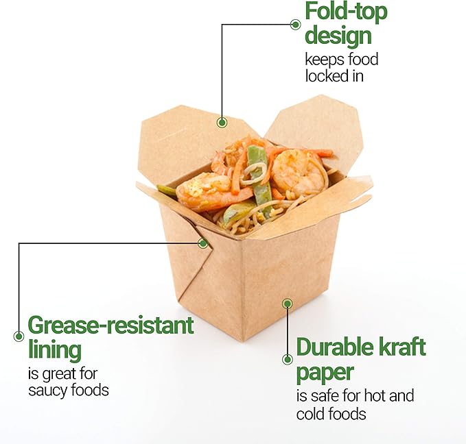 Restaurantware-8 Ounce Noodle Take Out Boxes, 200 Disposable Food To Go Boxes - Tab-Lock, Stackable, Kraft Paper Take Home Boxes, Greaseproof, For Restaurants, Catering, And Parties