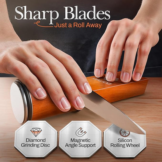 Rolling Knife Sharpener Kit – Kitchen Knife Sharpener with Diamond Roller – Magnetic Knife Sharpening Kit with 15° & 20° Base – Afilador de Cuchillos – Manual Sharpener Tool for Chef Use