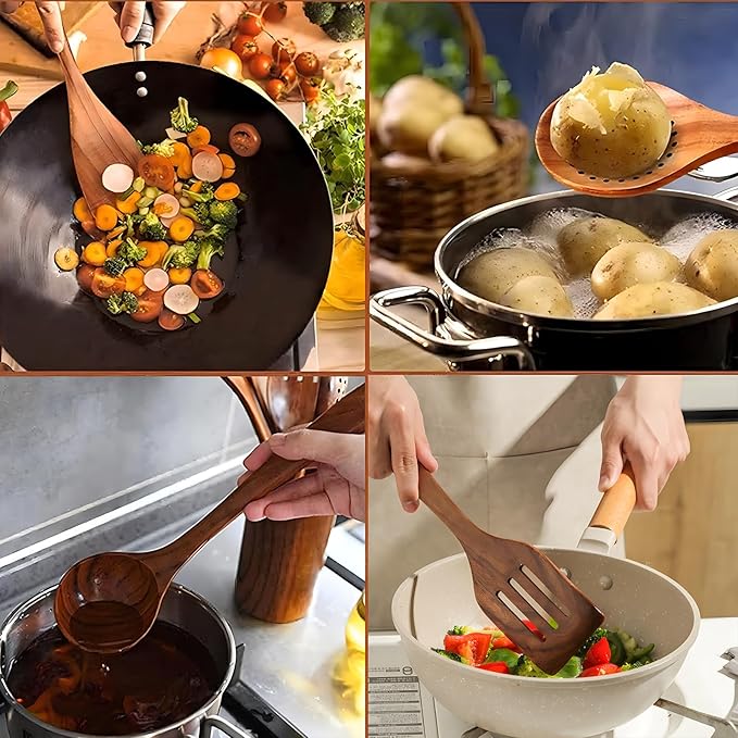 6 Piece Wooden Cooking Spoons – Wooden Cooking Utensils Set with Wood Barrel, Teak Non-Stick Kitchen Cookware