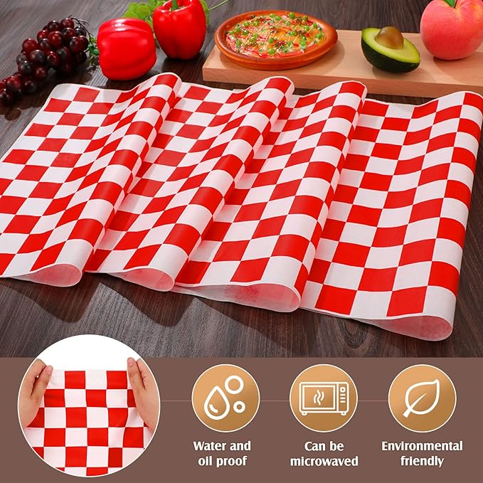 Honeydak 600 Pcs Sandwich Wrapping Paper Sheet 15x15 Checkered Food Wax Sheets Parchment Paper Basket Liner Grease Restaurant Wedding Party Supplies for Wrapping Bread Burgers(Red)