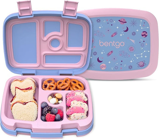 Bentgo Kids Prints Leak-Proof, 5-Compartment Bento-Style Kids Lunch Box - Ideal Portion Sizes for Ages 3-7, Durable, Drop-Proof, Dishwasher Safe, & Made with BPA-Free Materials (Lavender Galaxy)