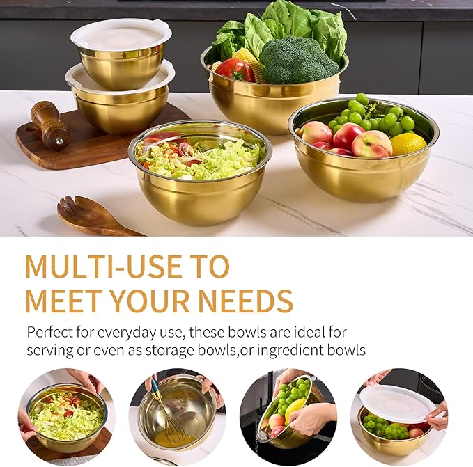Gold Mixing Bowls with Airtight Lids, Stainless Steel Nesting Mixing Bowls Set of 5, Ideal for Baking, Prepping and Serving Food, Size 5.5, 3.6, 2.7, 2.1, 1.5, QT, Stackable Design
