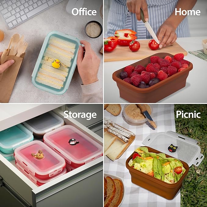 BONE Silicone Foldable Food Container, Collapsible Fresh Box with Clip-on Vent Plug Lid, Microwave & Dishwasher Safe Lunch Box for Meal Prep, Cute Cartoon Animal Airtight Storage (1200ml)