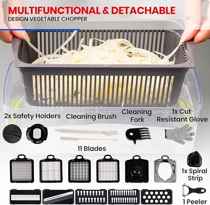 22-in-1 - Vegetable Chopper With Container - Kitchen Slicer Vegetable Cutter, Food Chopper With Container, Heavy Duty Cut Resistant Glove & Cleaning Brushes, Vegetable Dicer For Chopping Salad - White
