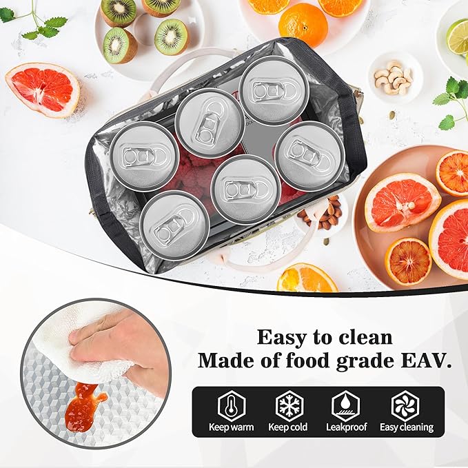 LOKASS Insulated Lunch Bag Women- Reusable 10 L Lunch Box for Women - Leakproof Tote Cooler Bag for Adults Work, Beach, Travel, Picnic （Black&White Diamond Grid）
