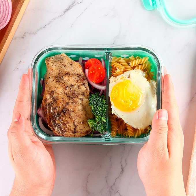 Divided Glass Storage Containers with Silicone Sleeve for Lunch, Glass Meal Prep Containers 2 Compartment with Lids (5 Pack, 34oz), Leak-Proof Portion Control Food Containers, Dishwasher Safe