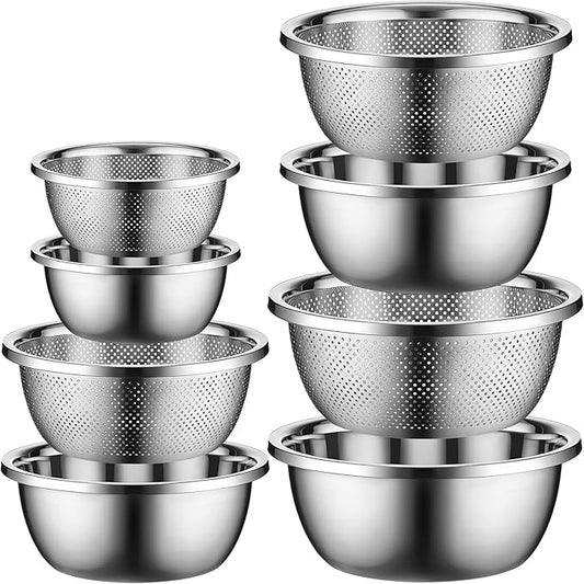 Uiifan 8 Pcs Stainless Steel Mixing Bowl with Stainless Steel Colander Rice Washing Colander Bowl Set Nesting Bowls for Washing Draining Storage(1.8/3.9/4.9/6.6 QT)