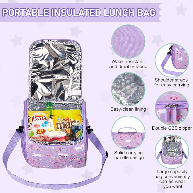 Bento Lunch Box for Kids with 17oz Soup Thermo,Insulated Tumbler Water Bottle and Insulated Lunch Bag,Leak-Proof 3 Compartment Lunch Food Container with with Ice Pack for Kids to School-Horse