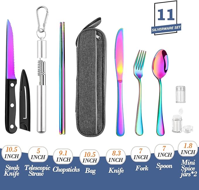 HOMMALY Portable Travel Reusable Utensils Silverware with Case,Travel Camping Cutlery set,Chopsticks and Straw Flatware, Stainless steel Travel Utensil set (Rainbow)U (UP-RB0001)