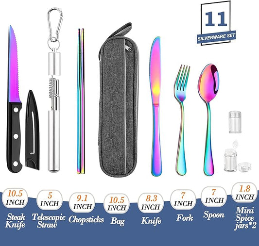 HOMMALY Portable Travel Reusable Utensils Silverware with Case,Travel Camping Cutlery set,Chopsticks and Straw Flatware, Stainless steel Travel Utensil set (Rainbow)U (UP-RB0001)