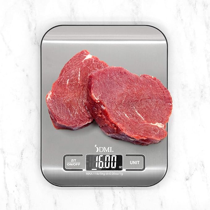 DMI Digital Food Scale and Kitchen Scale for Cooking, Baking and Meal Prep, Withstands up to 11 Pounds of Weight, Measures units between oz, g, mL, lb, oz, 304 Stainless Steel