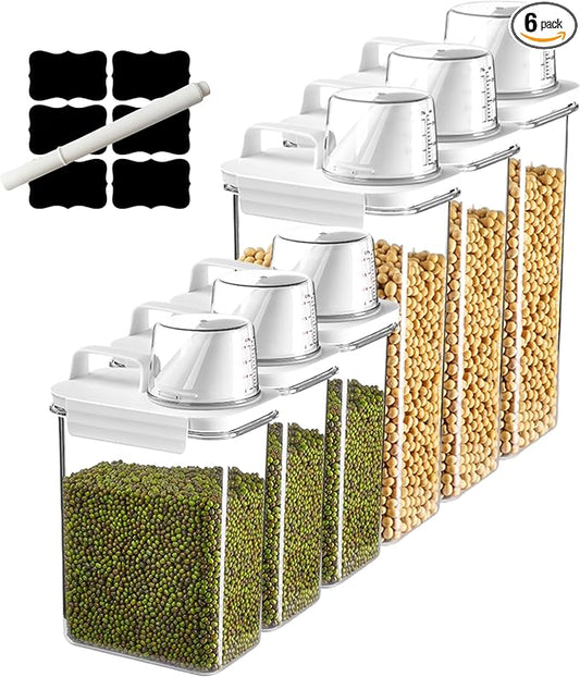 Air Tight Cereal Container Organizer Set of 6 - 1800ML & 2300ML Total 417oz, Dry Food Storage for Pet Food, Rice, Oatmeal with Pour Spout Lid and Plastic Small Measuring Cup for Flour and Sugar