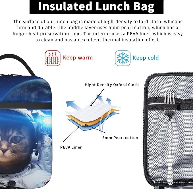 YETTA YANG Space Galaxy Cat Cool Portable Lunch Bag Insulated Lunch Box Reusable Totes For Women Men Work Picnic Camping
