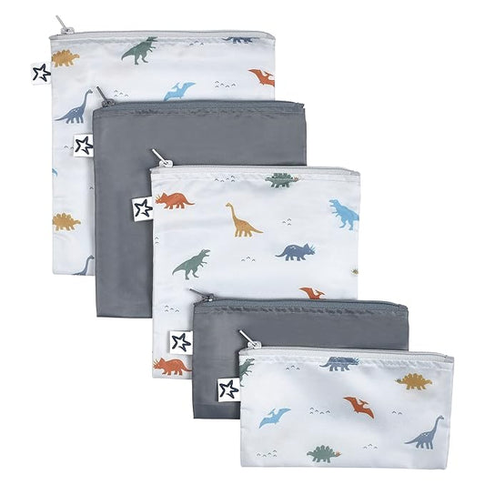 Tiny Twinkle 5 Pack Reusable Snack Bags - Machine Washable, PFAS, PVC, BPA, Phthalate-Free Reusable Baby and Toddler Food Safe Snack Bags (Dinosaur)