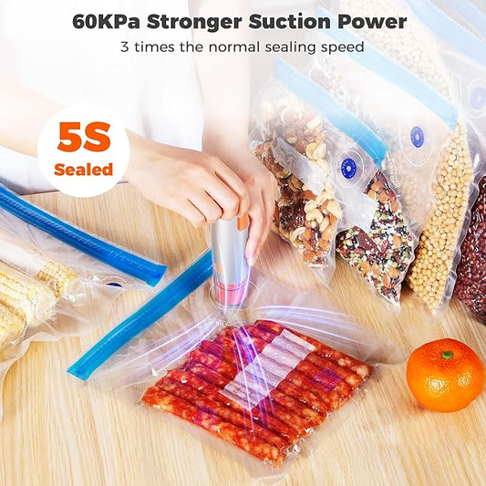 LAUDTEC 2-in-1 Handheld Vacuum Sealer for Food Storage Bags and Mason Jars (Vacuum Sealer + 10 Reusable Storage Bags + 4 Reusable Wide Mouth Jar Lids)