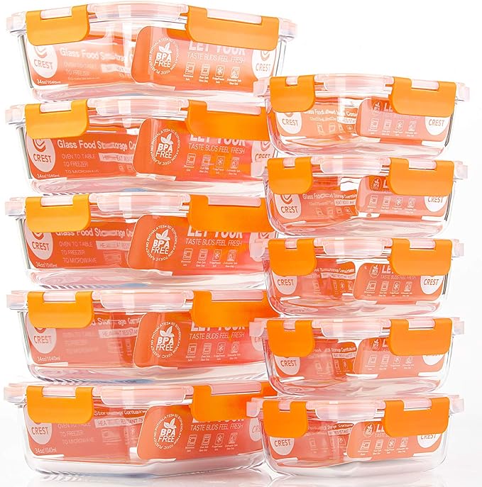 C CREST [10-Pack] Glass Food Storage Containers - Food Prep Containers with Lids - Microwave, Oven, Freezer and Dishwasher Safe