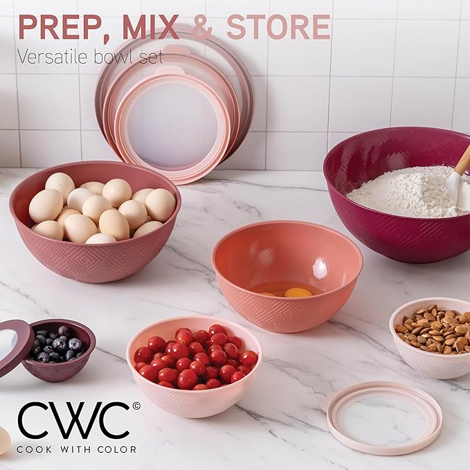 COOK WITH COLOR Mixing Bowls with Lids - 12 Piece Plastic Nesting Bowls Set includes 6 Prep Bowls and 6 Lids, Non Slip Bottom and Rhombus Design - Microwave Safe (Rose)