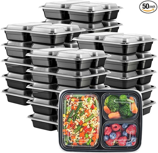 Comfy Package [24 oz - 50 Count 3 Compartment Meal Prep Containers Reusable - Microwaveable, Dishwasher and Freezer Safe, BPA-Free, Portion Control and Convenience Food Storage with Lids, Stackable